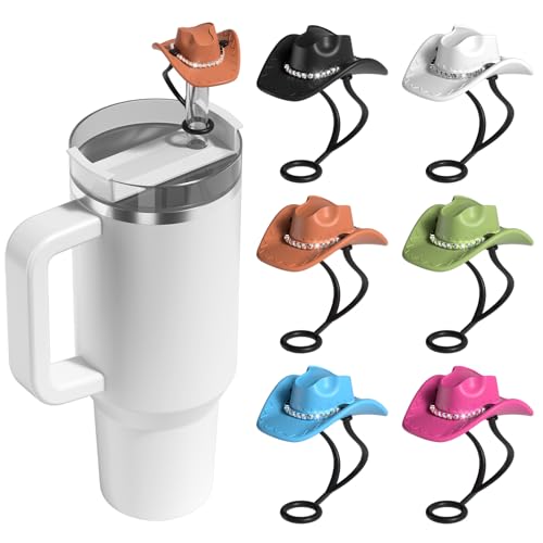 Utuichuo Silicone Cowboy Hat Straw Toppers, 6 Pcs, Detachable Decoration, Compatible with Stanley Cup 30oz/40oz & Other 10mm Straw Tumblers - Image 1