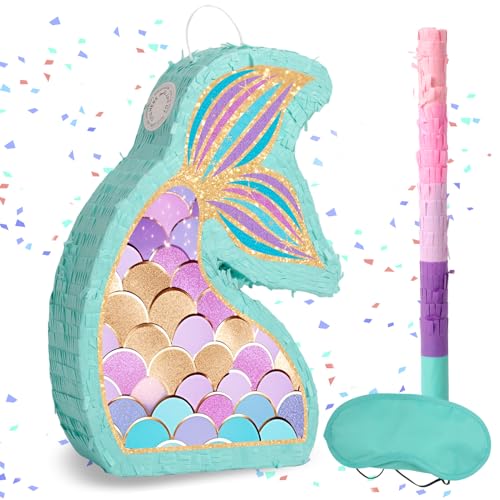 JOARHONAL Mermaid Tail Pinata Mermaid Pinata with Blindfold and Bat for Girls Kids Ocean Theme Birthday Party Game Decorations Small Size 17x12x3 - Image 1