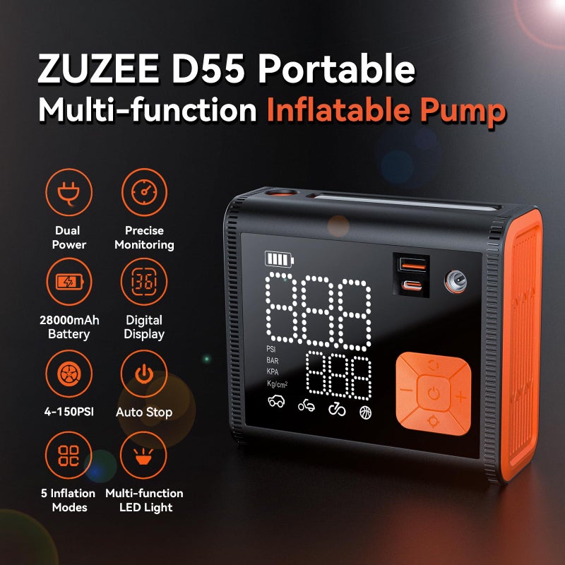 ZUZEE Tire Inflator Portable Air Compressor, 150 PSI Dual Cylinder 3X Faster Portable tire inflator, 28000mAh Dual Power Mode Portable Air Pump for Car Tires, Motorcycle Tires, Bikes Tires, Balls, etc - Image 3