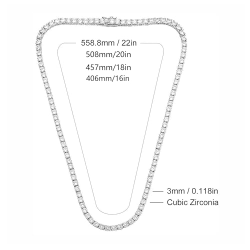 Gemsme 18K White Gold Plated 3.0mm Round Cubic Zirconia Classic Tennis Necklace For Women 22 Inch - Image 2