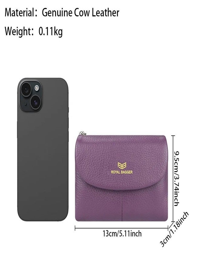 Royal Bagger RFID Blocking Women's Short Wallet Genuine Cow Leather Multi-card Slots Card Holder Trifold Purse Magnetic Opening 2063 (Purple) - Image 3