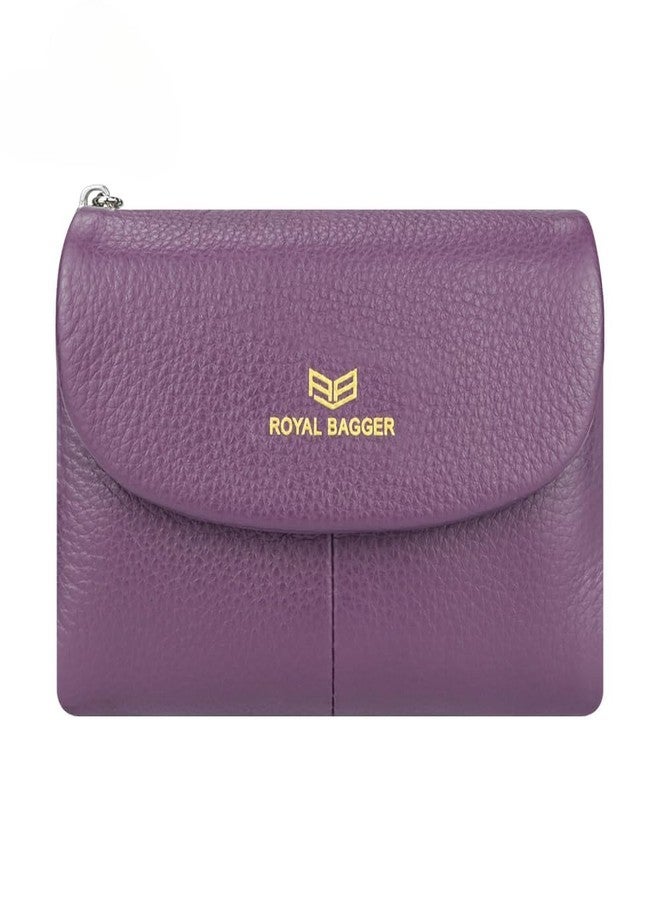 Royal Bagger RFID Blocking Women's Short Wallet Genuine Cow Leather Multi-card Slots Card Holder Trifold Purse Magnetic Opening 2063 (Purple) - Image 1
