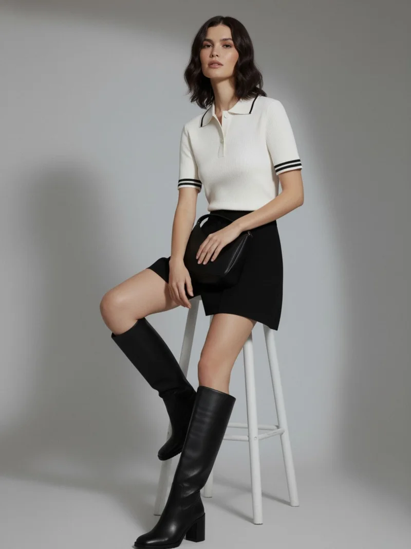 Outzidr  White Contrast Tipping Polo Flat Knit Top for Women | Best Price UAE