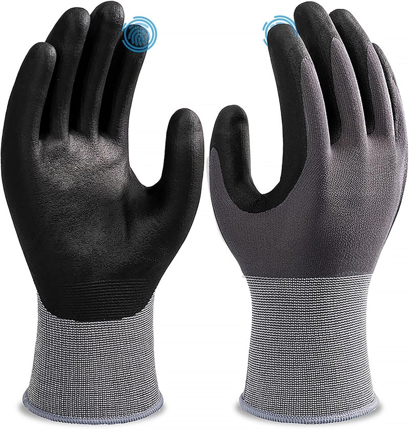 RUFCRIL Work Gloves With Grip for Men and Women, Nitrile Coated Working Gloves with Reinforced Non-slip Palm,Touchscreen Gardening Gloves, Breathable & Thin Mechanic Gloves - Grey - Image 1