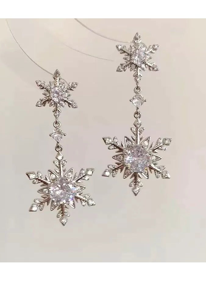 Luxury Zircon Snowflake Earrings for Women – High-End Rhodium Plated, Full Diamond Double Tassel Design, Fashionable and Elegant Studs, Trendy 2025 New Collection - Image 5