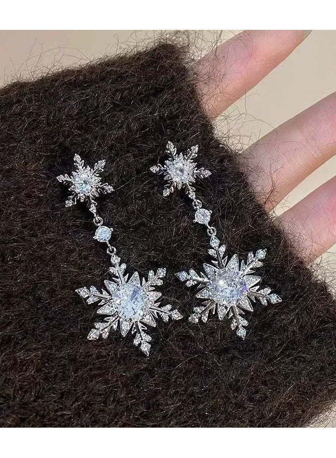 Luxury Zircon Snowflake Earrings for Women – High-End Rhodium Plated, Full Diamond Double Tassel Design, Fashionable and Elegant Studs, Trendy 2025 New Collection - Image 1