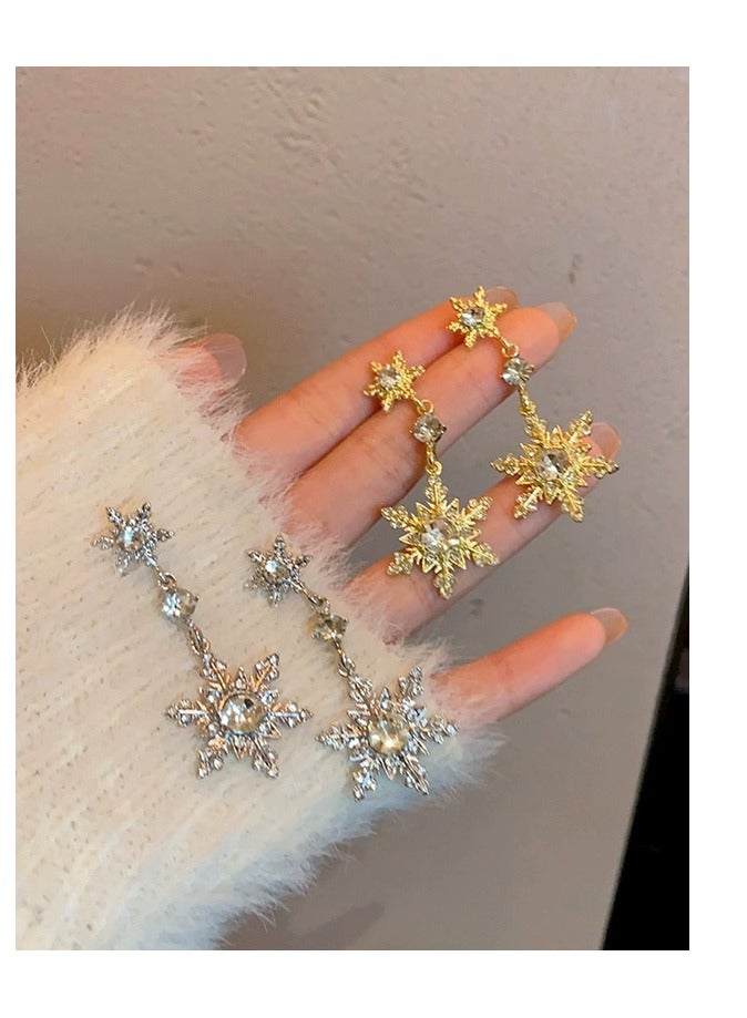 Luxury Zircon Snowflake Earrings for Women – High-End Rhodium Plated, Full Diamond Double Tassel Design, Fashionable and Elegant Studs, Trendy 2025 New Collection - Image 4
