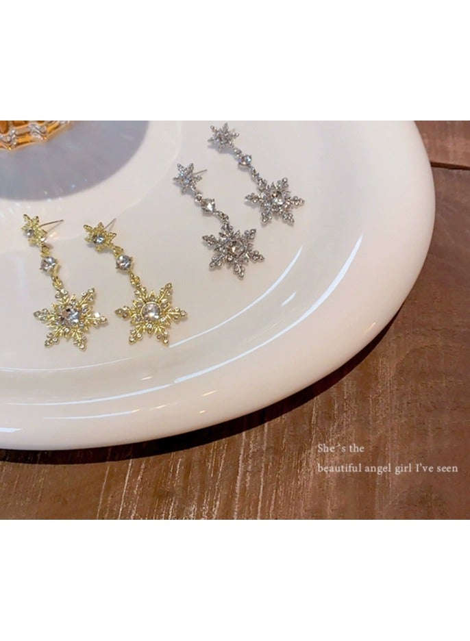 Luxury Zircon Snowflake Earrings for Women – High-End Rhodium Plated, Full Diamond Double Tassel Design, Fashionable and Elegant Studs, Trendy 2025 New Collection - Image 3
