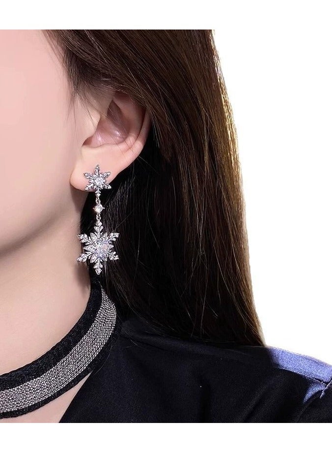 Luxury Zircon Snowflake Earrings for Women – High-End Rhodium Plated, Full Diamond Double Tassel Design, Fashionable and Elegant Studs, Trendy 2025 New Collection - Image 2