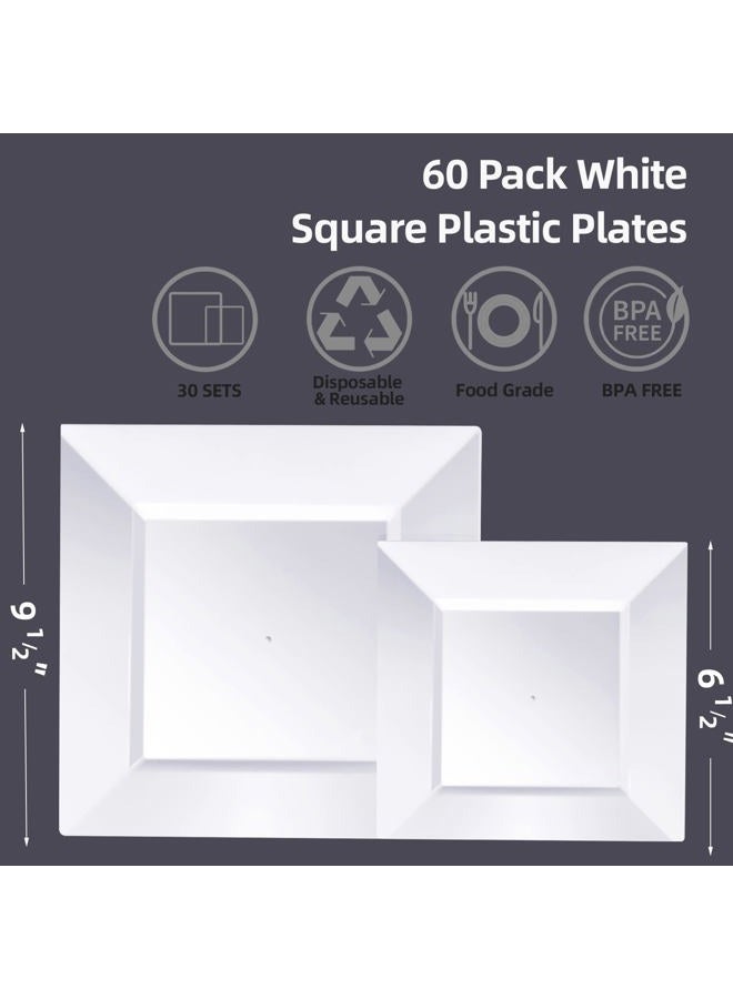 Goodluck 60 Pack Disposable Square Plastic Plates - Heavy Duty Dinner (9.5") & Dessert (6.5") Plates - Fancy for Wedding, Holiday, Birthday - White - Image 3