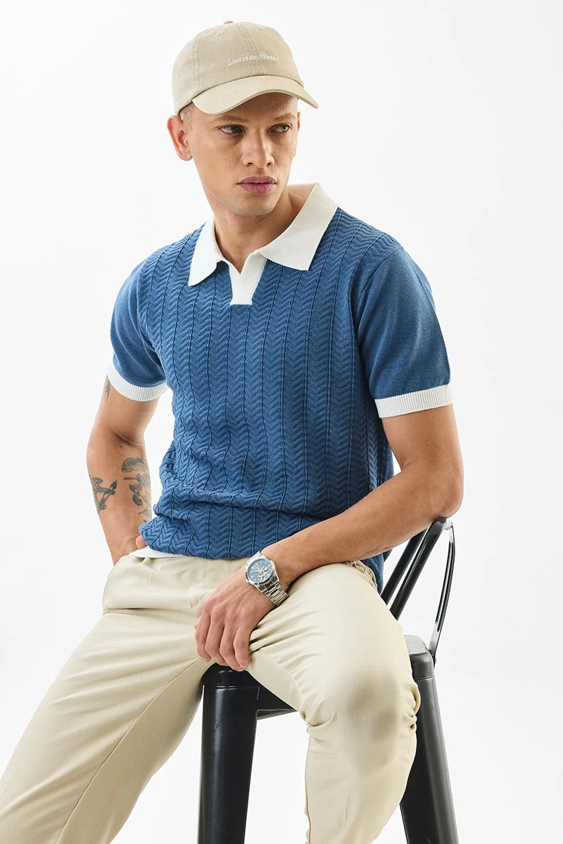 SNITCH Slim Fit Cotton Knitted Blue Polo T-Shirt
