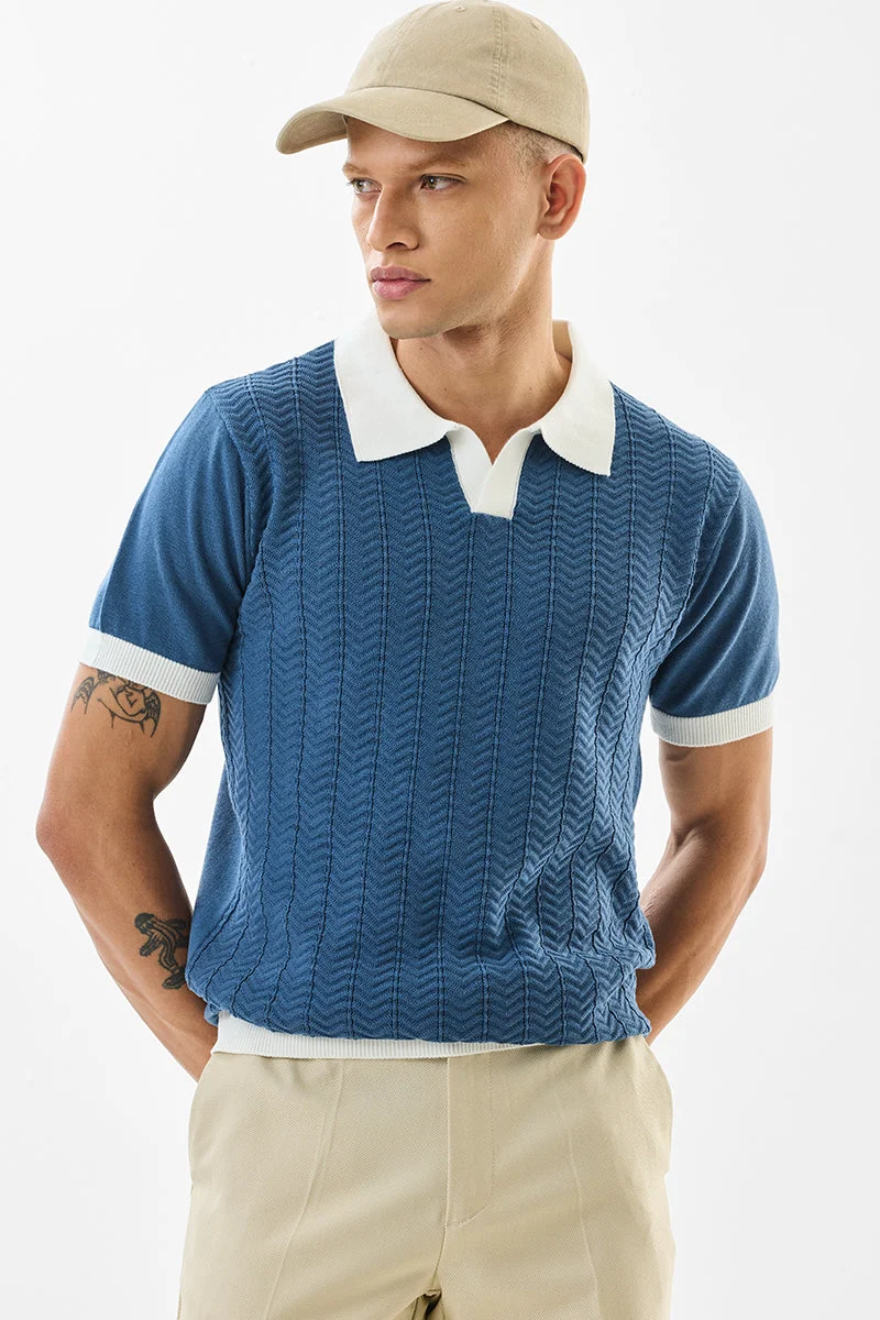 SNITCH Slim Fit Cotton Knitted Blue Polo T-Shirt