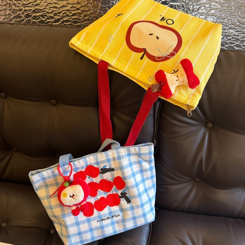 Yellow & Blue Apple Print Canvas Shoulder Bag - Image 4