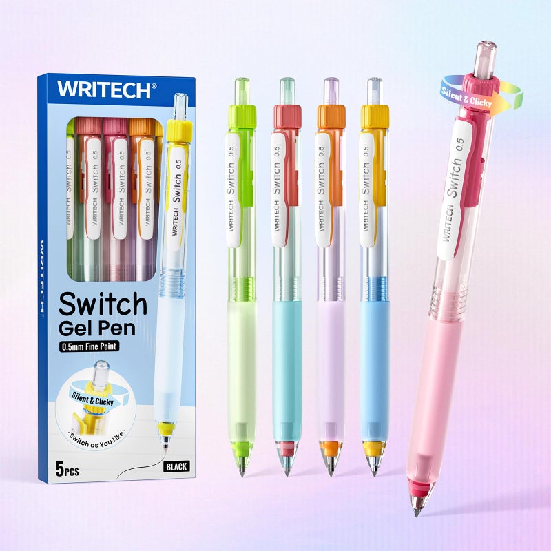 WRITECH Switch Gel Ink Pens: 0.5mm Black Ink Pen Retractable Silent and Clicky Soft Grip Fine Point Pen for Journaling Smooth Writing Quick-dry No Bleed 5ct - Image 1