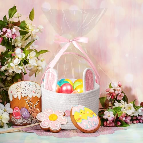 Poschnor Cute Easter Basket, Large Easter Bunny Basket, Woven Cotton Rope Baby Egg Easter Baskets for Girls, Boys, Toddler, Babies, Infant, with Gift Bags and Ribbons, Pink - Image 3