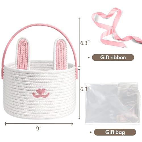 Poschnor Cute Easter Basket, Large Easter Bunny Basket, Woven Cotton Rope Baby Egg Easter Baskets for Girls, Boys, Toddler, Babies, Infant, with Gift Bags and Ribbons, Pink - Image 2