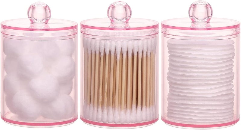 Tbestmax 3 Pack Cotton Swab Ball Pad Holder, 10 Oz Qtip Apothecary Jar Pink Makeup Organizer, Bathroom Containers Dispenser - Image 1
