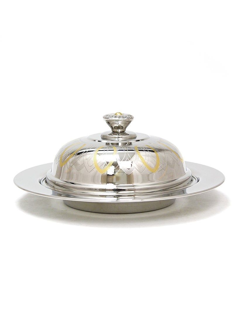 Rathore 30cm Stainless Steel Qouzi Dish Food Tray with Lid for Elegant Dining, Double Walled Insulated Casserole Serving Platter Silver with Gold Details for Buffet Catering Banquet - Image 3