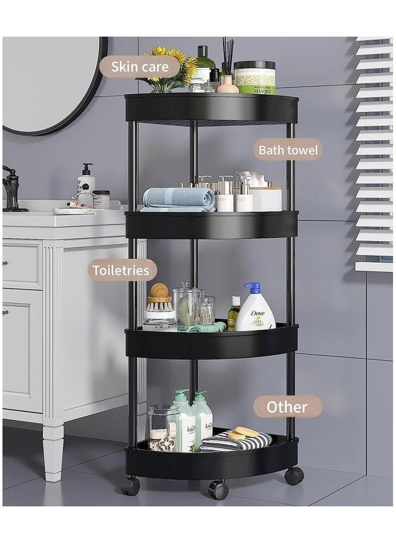 LOKIPA - Plastic Shelf Bathroom Corner Shelves,Corner Shower Caddy Shelves, Bathroom Shower Shelves Unit Cart with Wheel, Rust Proof Open Storage Cart for Bathroom, Kitchen (Black, 4-Tier) - Image 1
