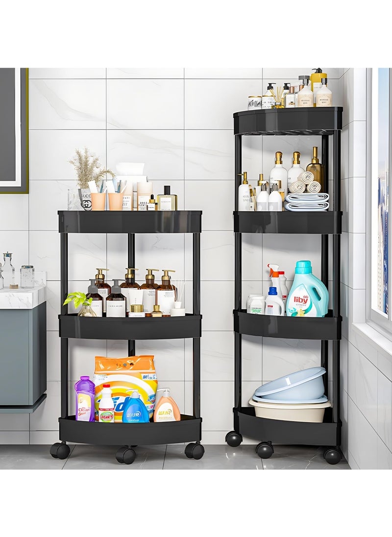 LOKIPA - Plastic Shelf Bathroom Corner Shelves,Corner Shower Caddy Shelves, Bathroom Shower Shelves Unit Cart with Wheel, Rust Proof Open Storage Cart for Bathroom, Kitchen (Black, 4-Tier) - Image 1
