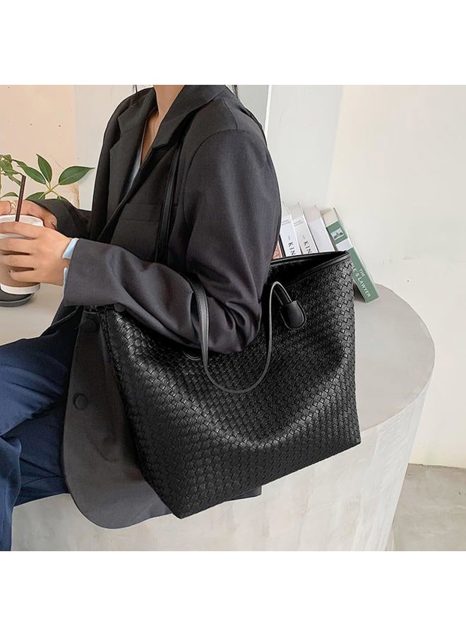 CINVAIKROSE Leather Tote Bag For Women, Shoulder Tote Bag With Zipper, Woven Pattern Large Capacity For Work And Trip, Black, Large - Image 3