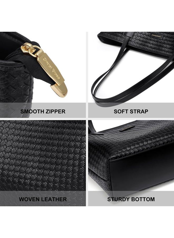 CINVAIKROSE Leather Tote Bag For Women, Shoulder Tote Bag With Zipper, Woven Pattern Large Capacity For Work And Trip, Black, Large - Image 4