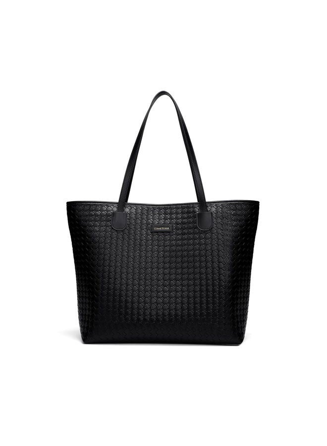 CINVAIKROSE Leather Tote Bag For Women, Shoulder Tote Bag With Zipper, Woven Pattern Large Capacity For Work And Trip, Black, Large - Image 1