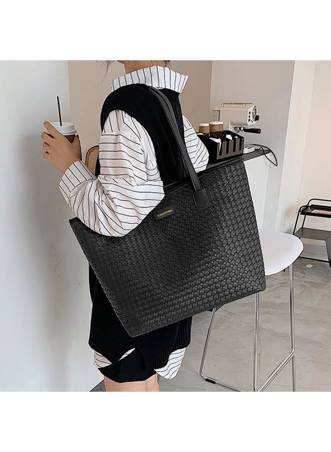 CINVAIKROSE Leather Tote Bag For Women, Shoulder Tote Bag With Zipper, Woven Pattern Large Capacity For Work And Trip, Black, Large - Image 2