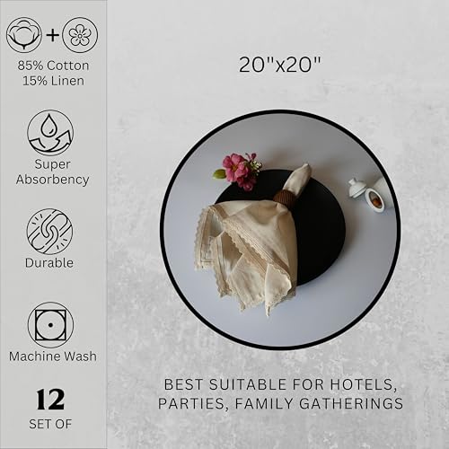 FINGERCRAFT Table Napkins Set of 12 Cotton Linen Blend 20x20 Inches Excellent Absorbency Washable and Reusable, Durable Dinner Napkin for Kitchen, Hotels, Party (Ivory) - Image 5