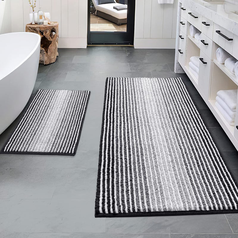 BSICPRO Bathroom Rugs and Mats Sets  2 Piece Thick Absorbent Chenille Bath Mat Rug Set Non Slip  Soft Shaggy Bath Room Floor Mats for Bathroom  Machine Washable (20"" x 47"" Plus 16"" x 24""  Black) - Image 1