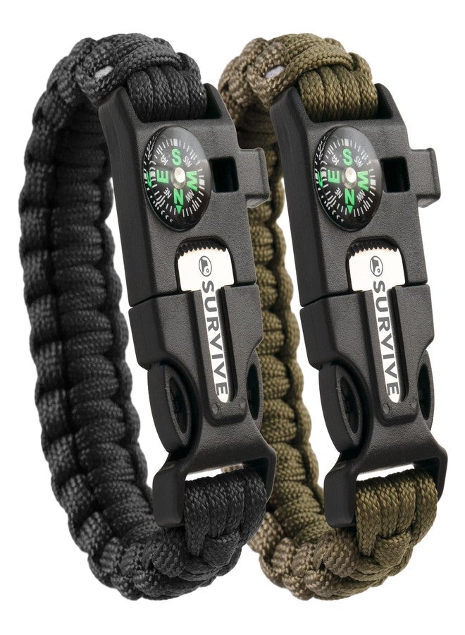 SURVIVE Paracord Bracelet, Pack of 2, Emergency Survival Kit Fire Starter Compass Whistle 8.5 ft Continuous Strand Flint Steel Scraper 5 in 1 - Image 1