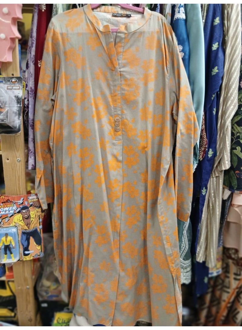 Khazer Floral Print Kurta, Long Sleeve V-Neck, Beige & Orange, Lawn Viscose, Fits M-L - Image 1