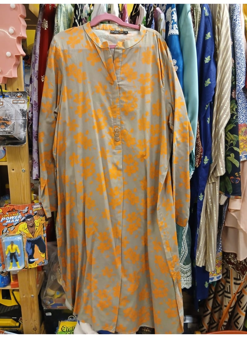 Khazer Floral Print Kurta, Long Sleeve V-Neck, Beige & Orange, Lawn Viscose, Fits M-L - Image 2