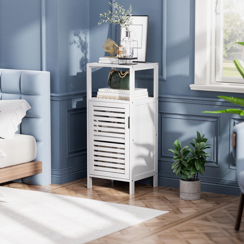 HITNET Bamboo Bathroom Storage Cabinet, 4 Tier Small White Floor Cabinet with Single Door, Free Standing Slim Narrow Storage Organizer for Bedroom Living Room - Image 2
