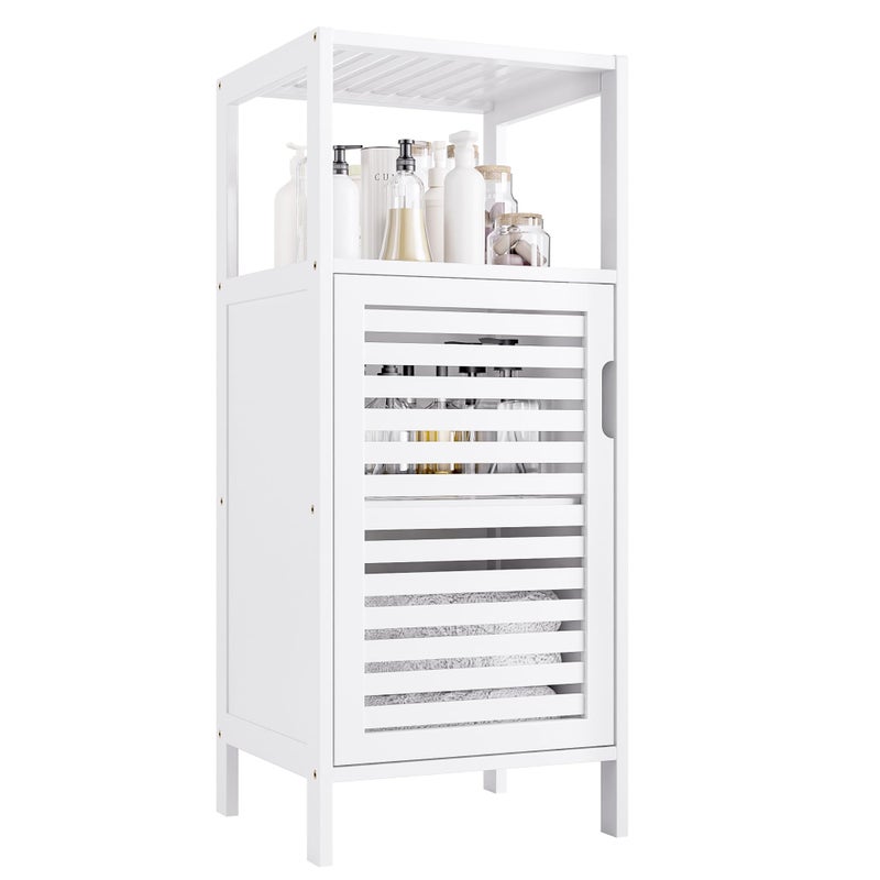 HITNET Bamboo Bathroom Storage Cabinet, 4 Tier Small White Floor Cabinet with Single Door, Free Standing Slim Narrow Storage Organizer for Bedroom Living Room - Image 1