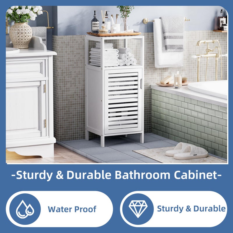 HITNET Bamboo Bathroom Storage Cabinet, 4 Tier Small White Floor Cabinet with Single Door, Free Standing Slim Narrow Storage Organizer for Bedroom Living Room - Image 5