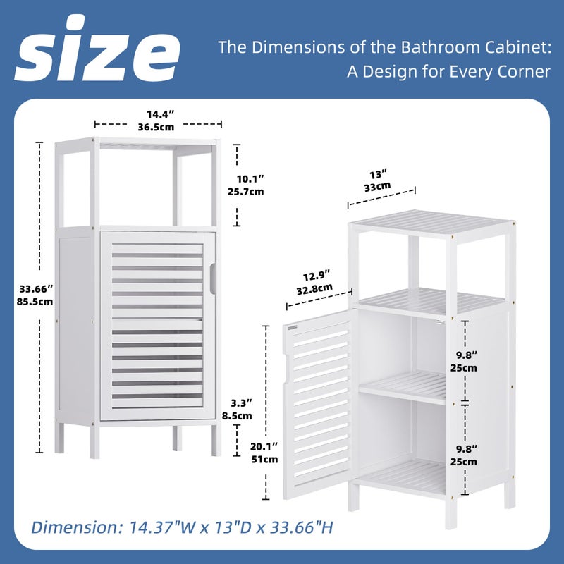 HITNET Bamboo Bathroom Storage Cabinet, 4 Tier Small White Floor Cabinet with Single Door, Free Standing Slim Narrow Storage Organizer for Bedroom Living Room - Image 3