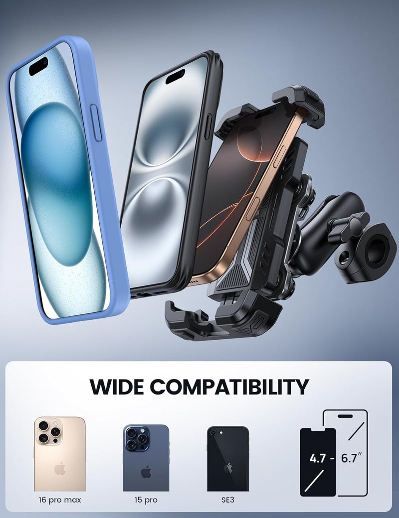 Lamicall Motorcycle Phone Mount Holder - [Dual Vibration Dampener] [Metal Adjustment Arm] Motorcycle Cell Phone Holder, Bike Handlebar Phone Mount, for iPhone 15 Pro MAX 16 17 Pro, 4.7-6.7" Phones - Image 5