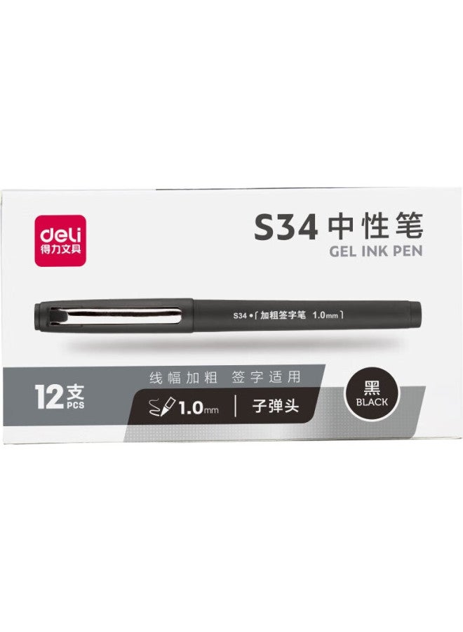 Deli 1.0Mm Thick Retractable Gel Pen, Office Supplies, Black, 12 Pens/Box, S34 - Image 1
