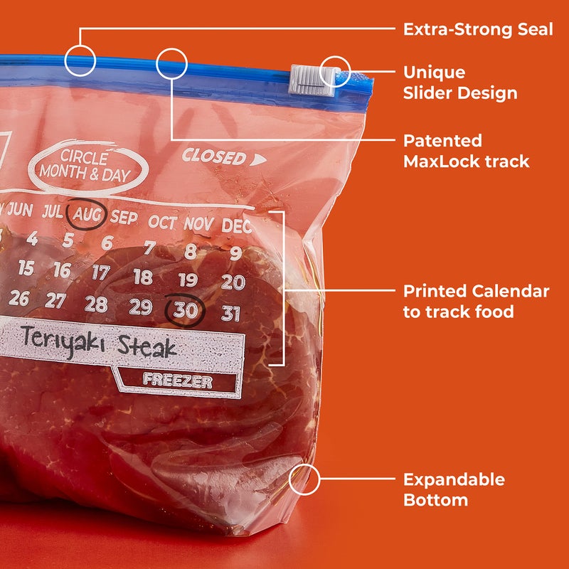 Hefty Calendar Slider Quart Freezer Bags, 140 Count, Quart Slider Bags for Freezer with Calendar Dates, Holds Raw Meat, Fruits, Veggies, and More, Secure Zip and Click Closure - Image 4