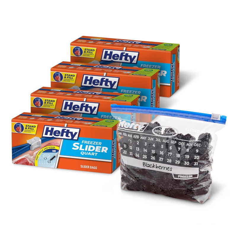 Hefty Calendar Slider Quart Freezer Bags, 140 Count, Quart Slider Bags for Freezer with Calendar Dates, Holds Raw Meat, Fruits, Veggies, and More, Secure Zip and Click Closure - Image 1