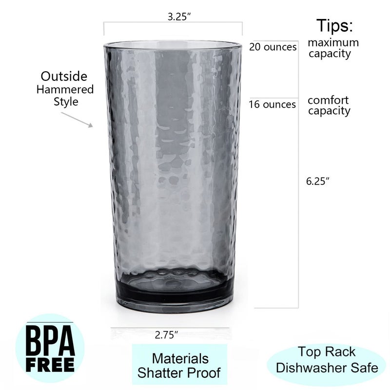 KX-WARE 14-ounce and 20-ounce Acrylic Glasses Plastic Tumbler, set of 8 Smoky Grey - Hammered Style, Dishwasher Safe, BPA Free - Image 3