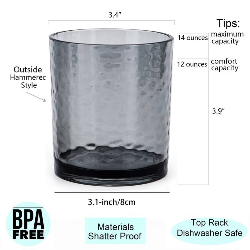 KX-WARE 14-ounce and 20-ounce Acrylic Glasses Plastic Tumbler, set of 8 Smoky Grey - Hammered Style, Dishwasher Safe, BPA Free - Image 2