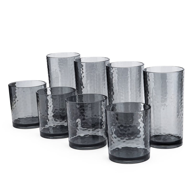 KX-WARE 14-ounce and 20-ounce Acrylic Glasses Plastic Tumbler, set of 8 Smoky Grey - Hammered Style, Dishwasher Safe, BPA Free - Image 1