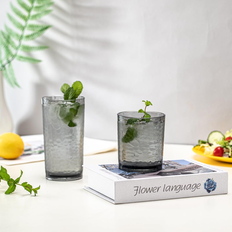 KX-WARE 14-ounce and 20-ounce Acrylic Glasses Plastic Tumbler, set of 8 Smoky Grey - Hammered Style, Dishwasher Safe, BPA Free - Image 5