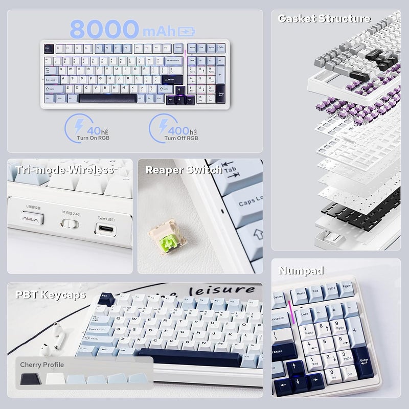 EPOMAKER x AULA F99 Wireless Mechanical Keyboard, Hot Swappable Gasket Custom Gaming Keyboard with Five-Layer Padding, Bluetooth/2.4GHz/USB-C, 8000mAh Battery (Blue White, Reaper Switch) - Image 2