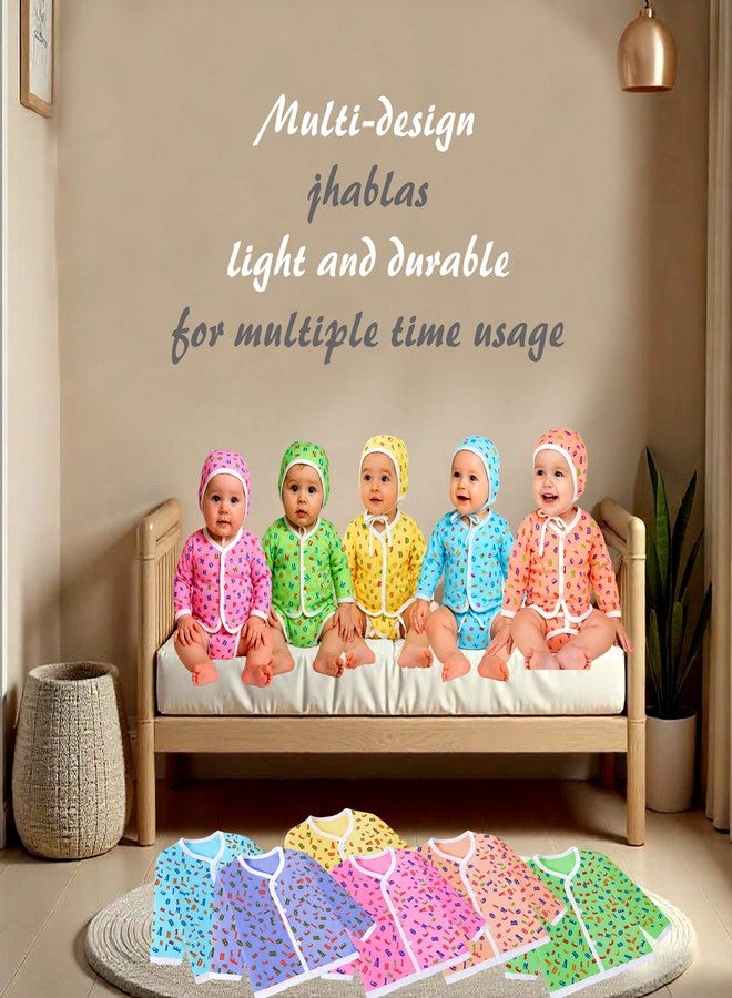 Toddylon Baby Cotton Solid New Born Clothes Jhabla Set Front Open Shirt With Nappies & Caps (0-6 Months), Multicolour - Image 5