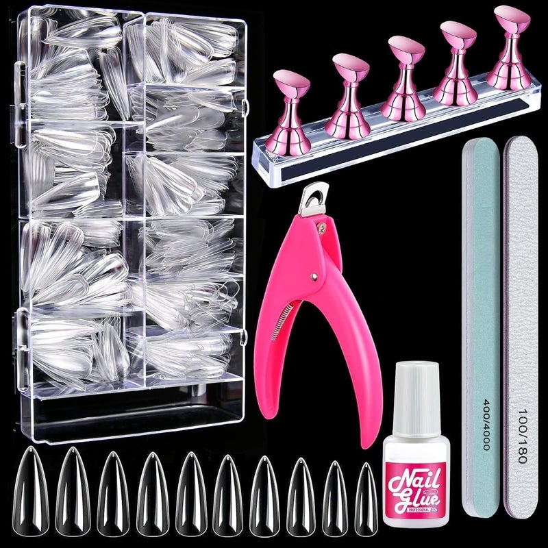 BOZLIN Nails Tips Full Cover Long Stiletto Nails Tips For Acrylic Nails Almond Stiletto Shape Fake Nails Tips With Glue Acrylic Nail Clipper Nail Stand Clear Glue On Nails Clear Almond Stiletto - Image 1