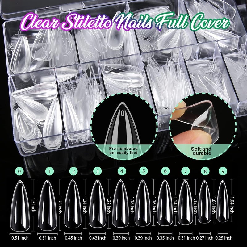 BOZLIN Nails Tips Full Cover Long Stiletto Nails Tips For Acrylic Nails Almond Stiletto Shape Fake Nails Tips With Glue Acrylic Nail Clipper Nail Stand Clear Glue On Nails Clear Almond Stiletto - Image 2
