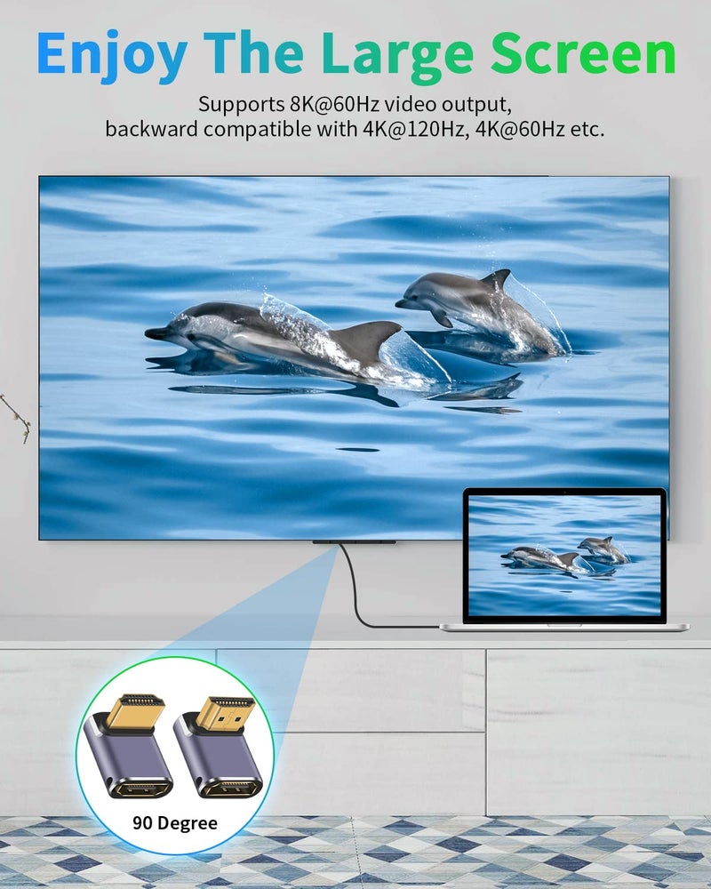 Duttek 8K HDMI 90 Degree Adapter, Up&Down 90 Degree HDMI Connector (48Gbps, 8K@60Hz, 4K@240Hz, Male to Female) 270 Degree and 90 Degree Adapter for Laptop,DVD,TV, Monitors (2 Pack) - Image 5